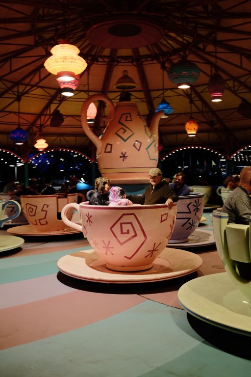 Mad Tea Party at night with colorful lights