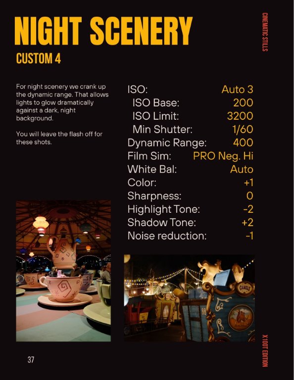 Guide page showing night scenery camera recipe with settings